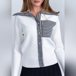 Aleeza Paris Chic Knit Cardigan with Black Grid Trim & Gold Buttons